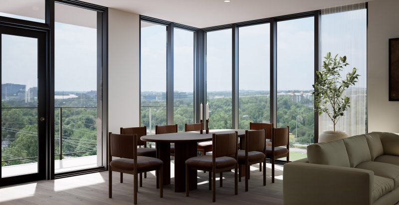A stunning view of the Belvedere Residences, showcasing modern dining furniture with sleek, contemporary lines and large windows that offer a panoramic view.